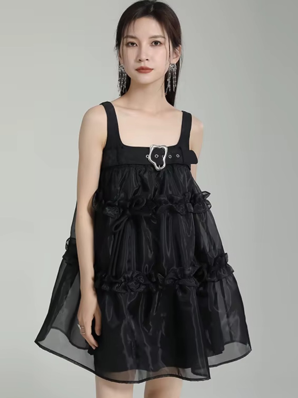 Marigold Shadows Black Avant-Garde Belt Sheer Tiered Oversized Flowy Dress NWT M